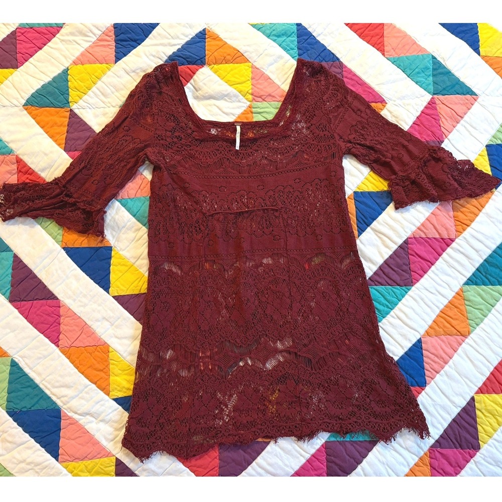 Free People Burgundy Lace Bell Sleeve Mini Dress